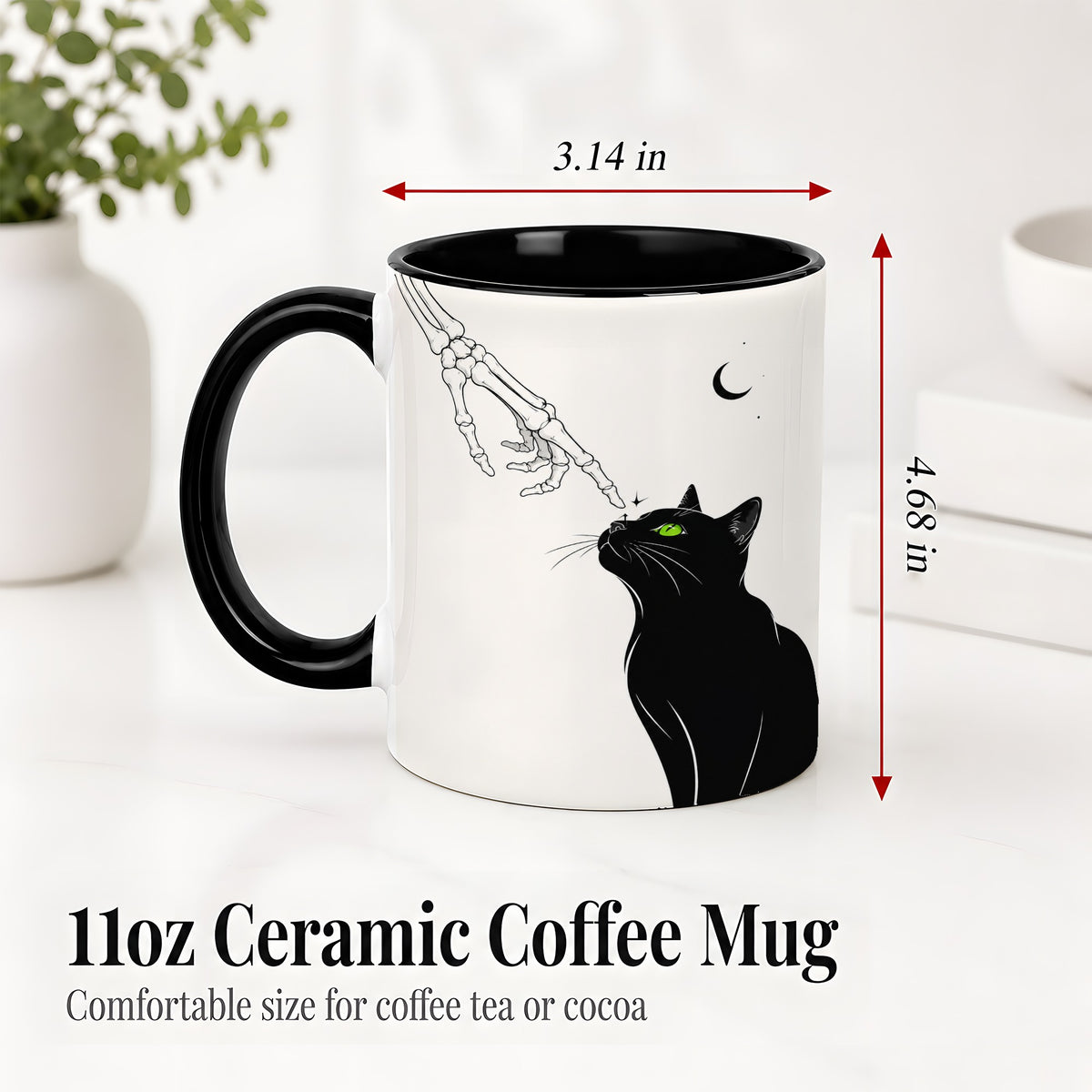 #pl[11oz|Black] Black Cat Skeleton Accent Mug, Ceramic Mug with Crescent Moon Artwork