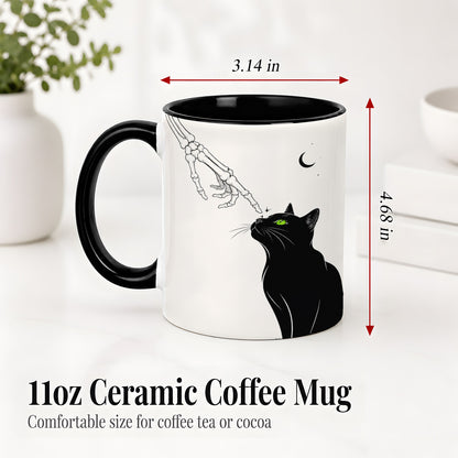 #pl[11oz|Black] Black Cat Skeleton Accent Mug, Ceramic Mug with Crescent Moon Artwork