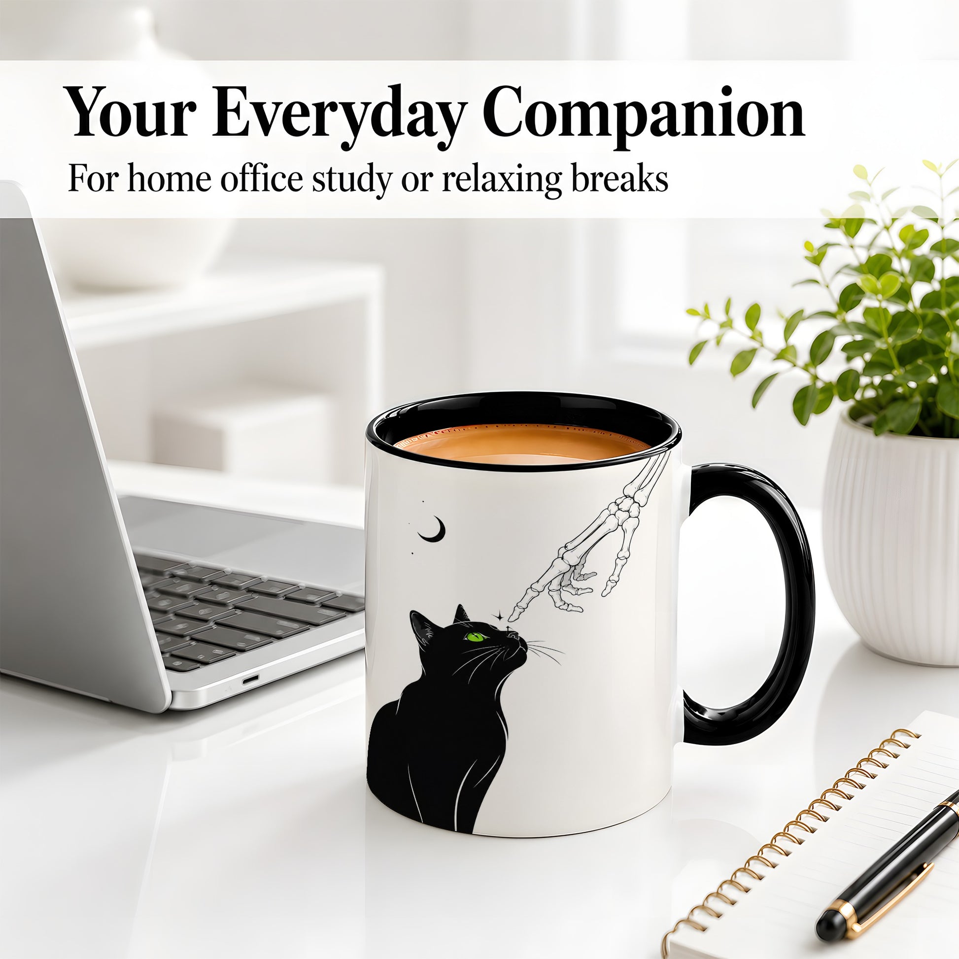 #pl[11oz|Black] Black Cat Skeleton Accent Mug, Ceramic Mug with Crescent Moon Artwork