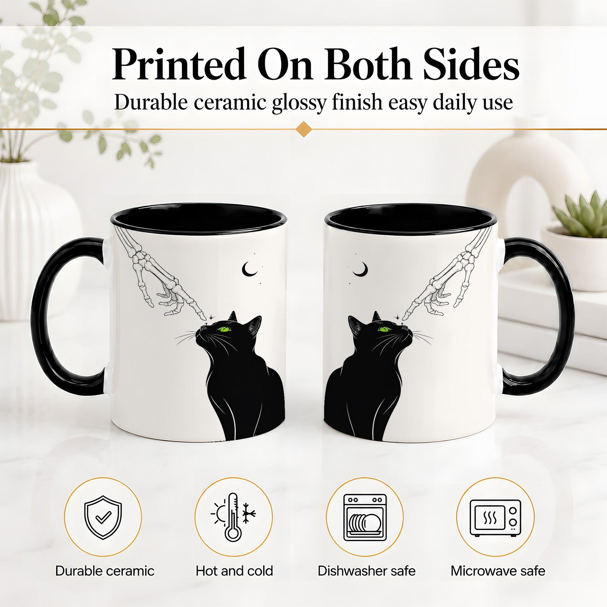 #pl[11oz|Black] Black Cat Skeleton Accent Mug, Ceramic Mug with Crescent Moon Artwork