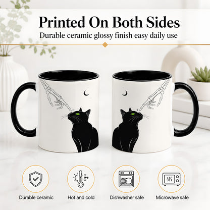 #pl[11oz|Black] Black Cat Skeleton Accent Mug, Ceramic Mug with Crescent Moon Artwork
