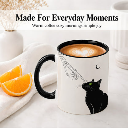 #pl[11oz|Black] Black Cat Skeleton Accent Mug, Ceramic Mug with Crescent Moon Artwork