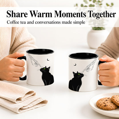 #pl[11oz|Black] Black Cat Skeleton Accent Mug, Ceramic Mug with Crescent Moon Artwork