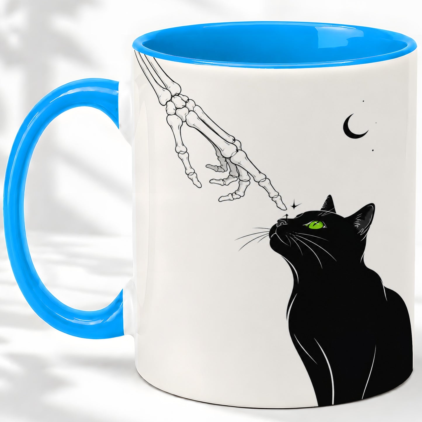 #pl[11oz|Blue] Black Cat Skeleton Accent Mug, Ceramic Mug with Crescent Moon Artwork