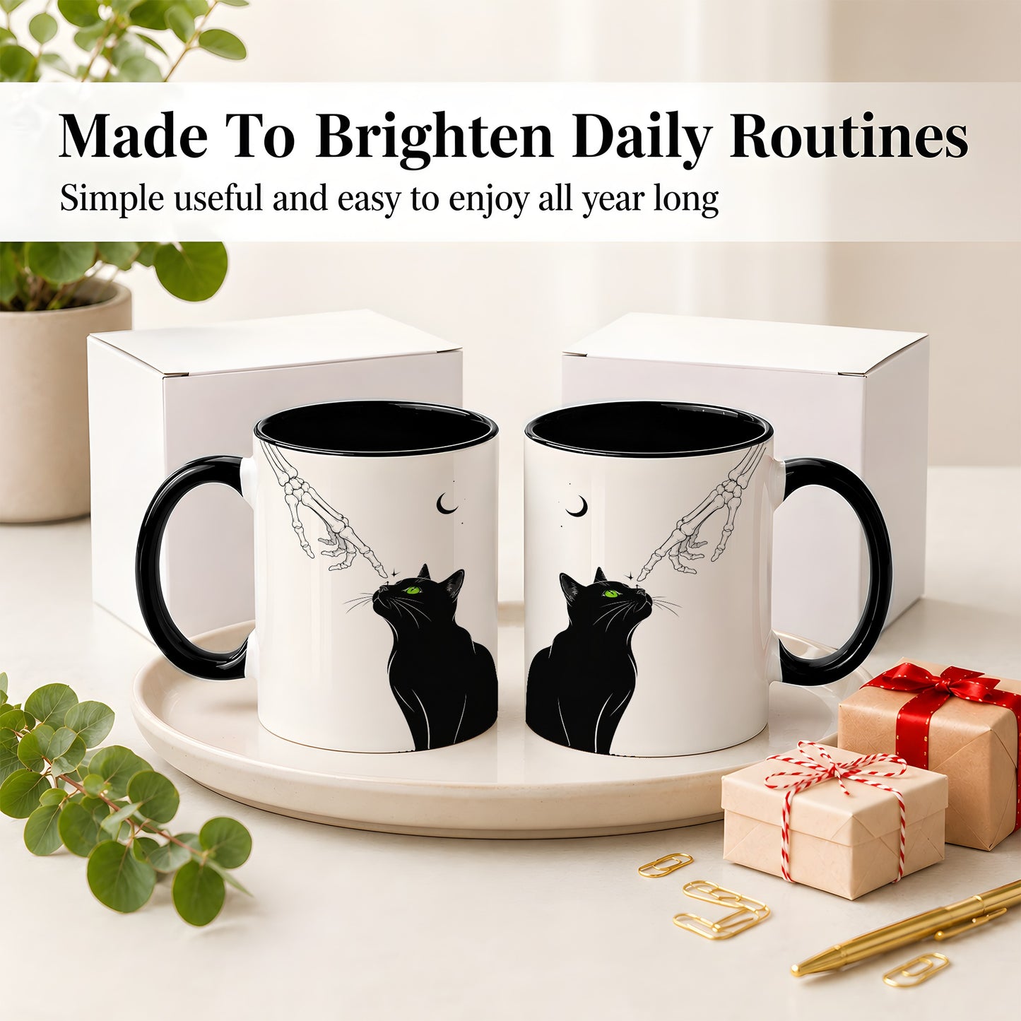 #pl[11oz|Black] Black Cat Skeleton Accent Mug, Ceramic Mug with Crescent Moon Artwork