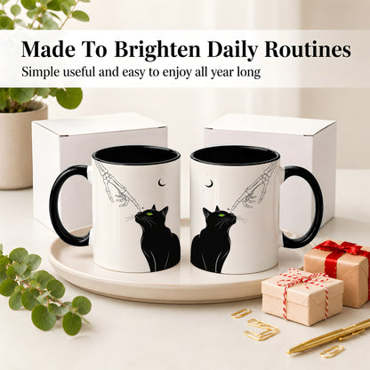 #pl[11oz|Black] Black Cat Skeleton Accent Mug, Ceramic Mug with Crescent Moon Artwork