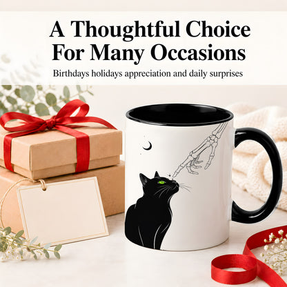 #pl[11oz|Black] Black Cat Skeleton Accent Mug, Ceramic Mug with Crescent Moon Artwork