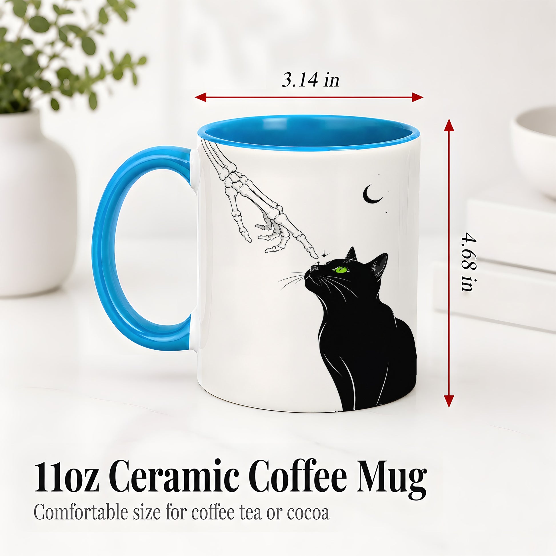 #pl[11oz|Blue] Black Cat Skeleton Accent Mug, Ceramic Mug with Crescent Moon Artwork