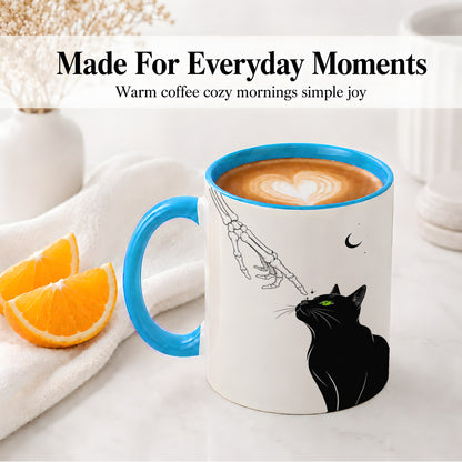#pl[11oz|Blue] Black Cat Skeleton Accent Mug, Ceramic Mug with Crescent Moon Artwork