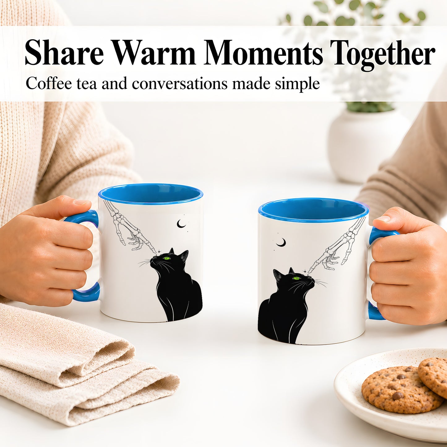 #pl[11oz|Blue] Black Cat Skeleton Accent Mug, Ceramic Mug with Crescent Moon Artwork
