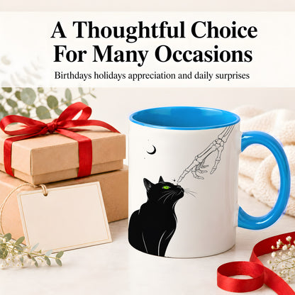 #pl[11oz|Blue] Black Cat Skeleton Accent Mug, Ceramic Mug with Crescent Moon Artwork