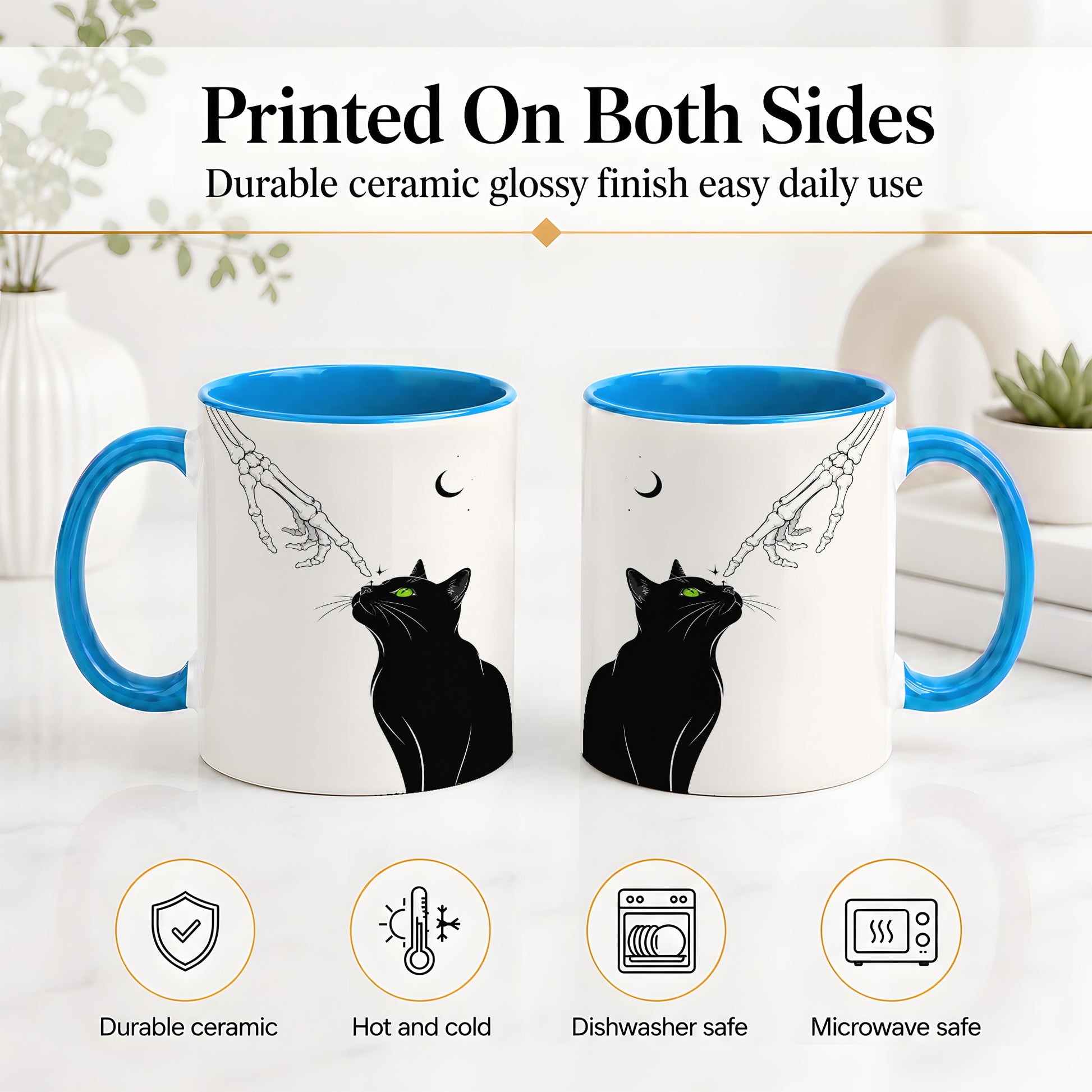 #pl[11oz|Blue] Black Cat Skeleton Accent Mug, Ceramic Mug with Crescent Moon Artwork