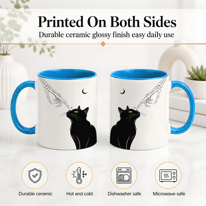 #pl[11oz|Blue] Black Cat Skeleton Accent Mug, Ceramic Mug with Crescent Moon Artwork