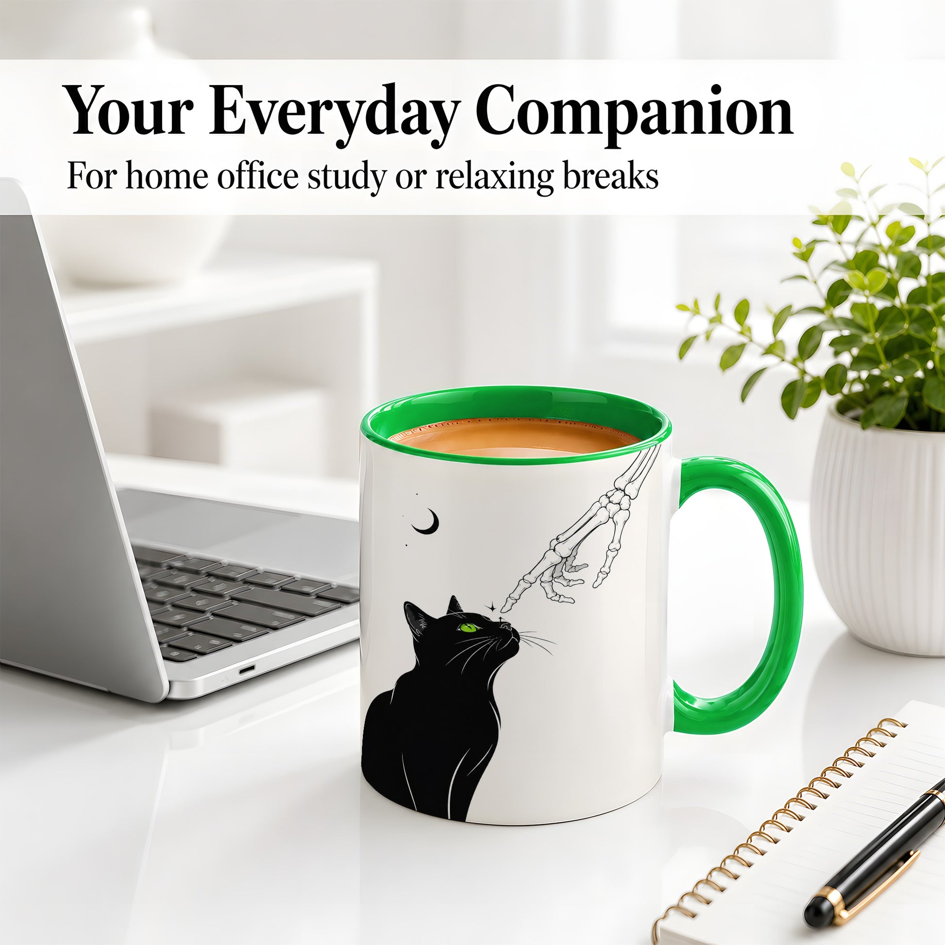 #pl[11oz|Green] Black Cat Skeleton Accent Mug, Ceramic Mug with Crescent Moon Artwork