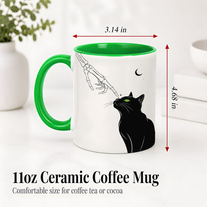 #pl[11oz|Green] Black Cat Skeleton Accent Mug, Ceramic Mug with Crescent Moon Artwork