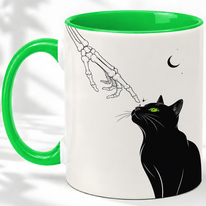 #pl[11oz|Green] Black Cat Skeleton Accent Mug, Ceramic Mug with Crescent Moon Artwork