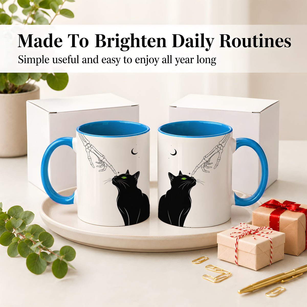 #pl[11oz|Blue] Black Cat Skeleton Accent Mug, Ceramic Mug with Crescent Moon Artwork