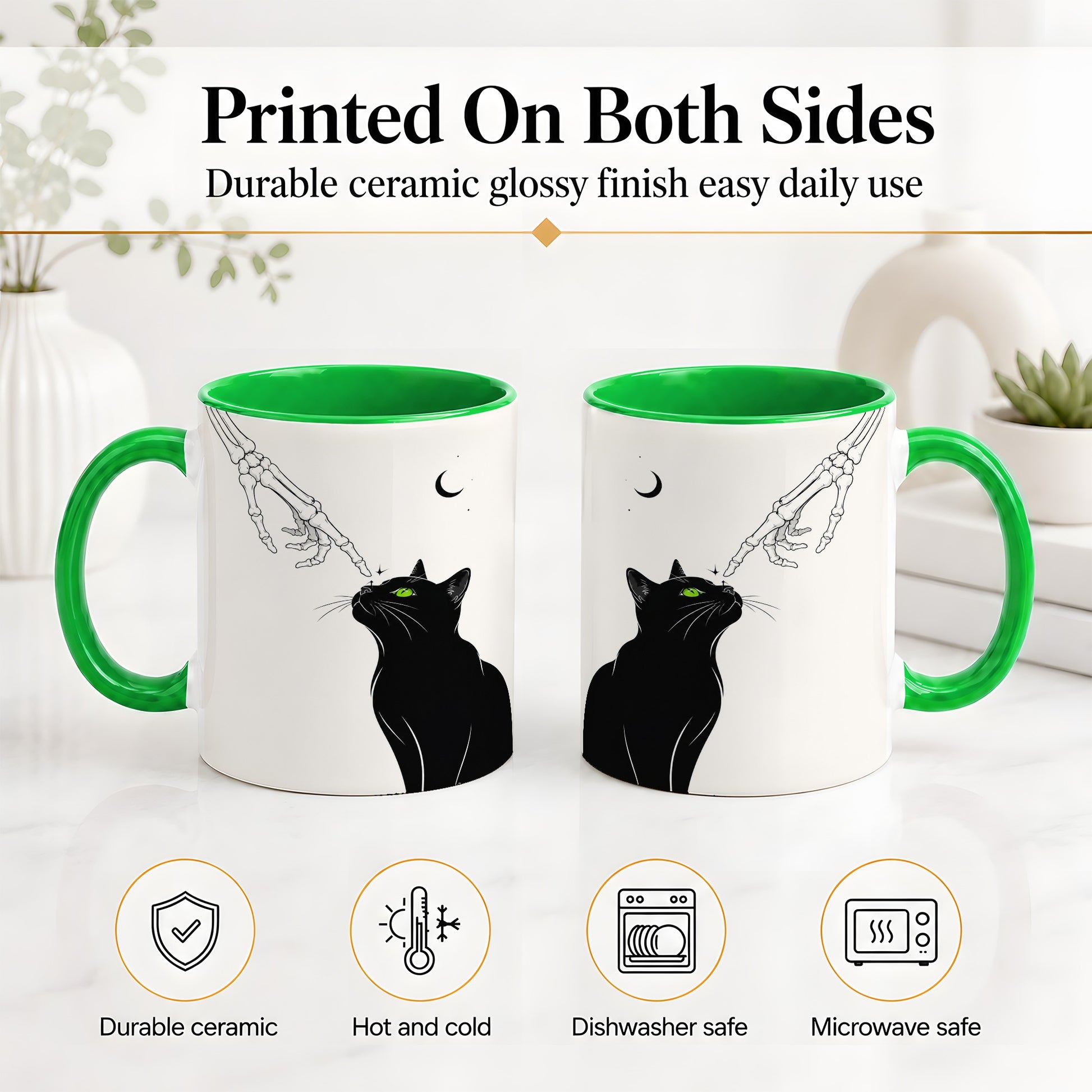 #pl[11oz|Green] Black Cat Skeleton Accent Mug, Ceramic Mug with Crescent Moon Artwork