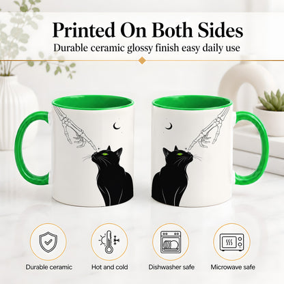 #pl[11oz|Green] Black Cat Skeleton Accent Mug, Ceramic Mug with Crescent Moon Artwork