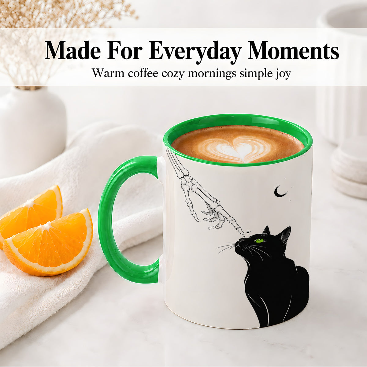#pl[11oz|Green] Black Cat Skeleton Accent Mug, Ceramic Mug with Crescent Moon Artwork