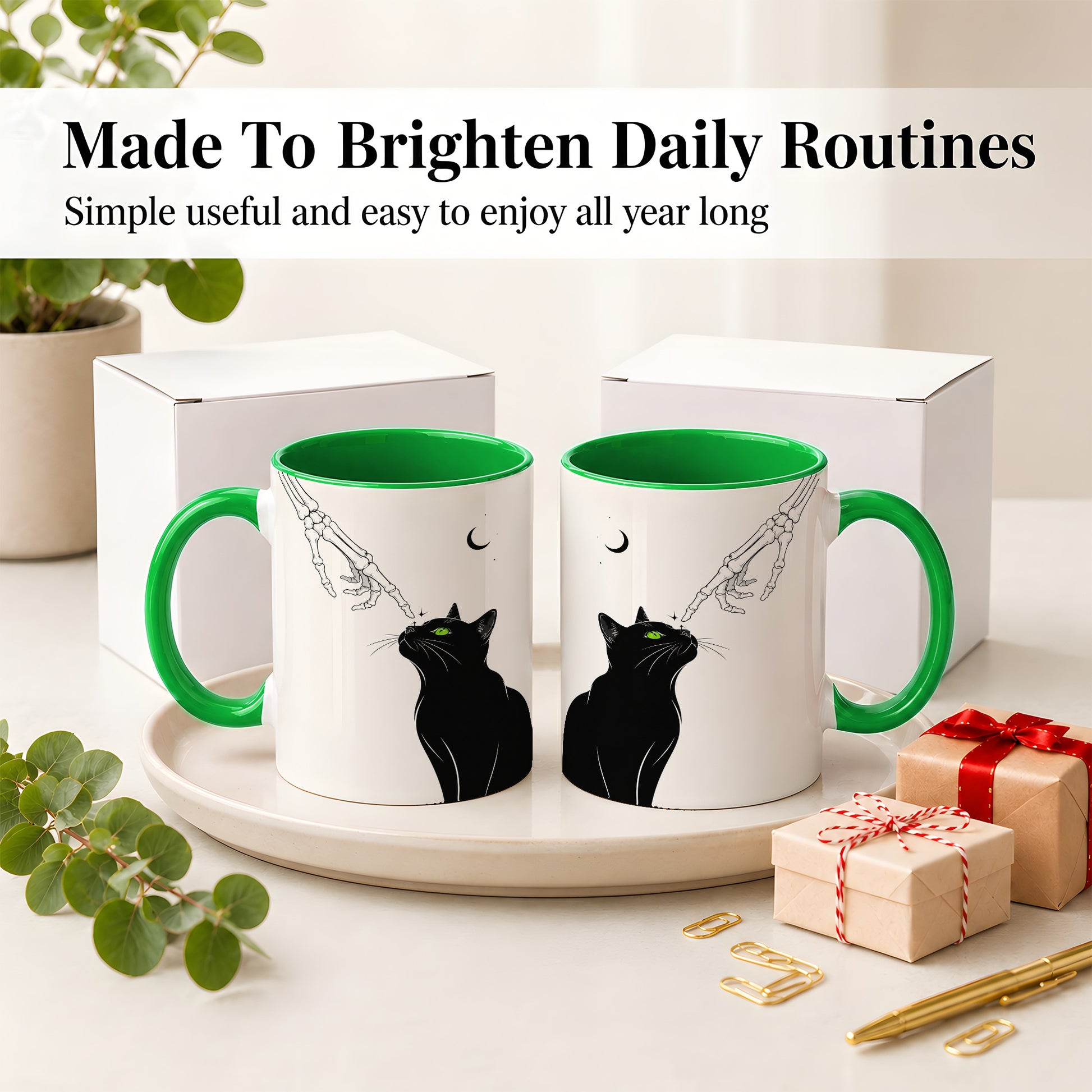 #pl[11oz|Green] Black Cat Skeleton Accent Mug, Ceramic Mug with Crescent Moon Artwork
