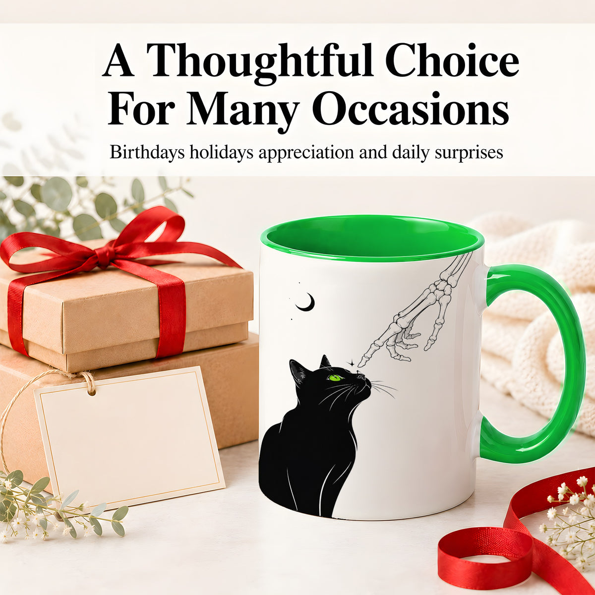 #pl[11oz|Green] Black Cat Skeleton Accent Mug, Ceramic Mug with Crescent Moon Artwork