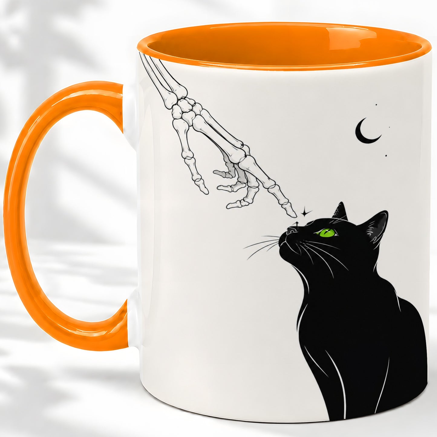 #pl[11oz|Orange] Black Cat Skeleton Accent Mug, Ceramic Mug with Crescent Moon Artwork