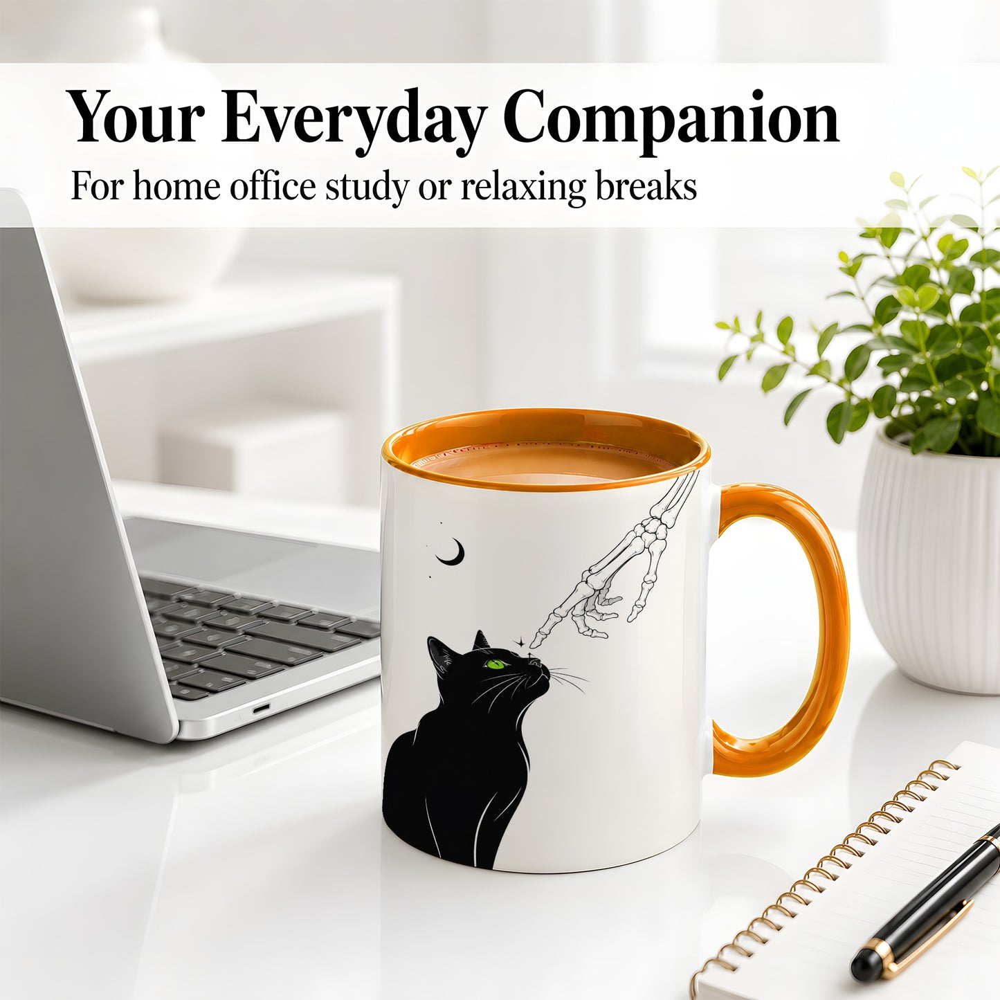 #pl[11oz|Orange] Black Cat Skeleton Accent Mug, Ceramic Mug with Crescent Moon Artwork
