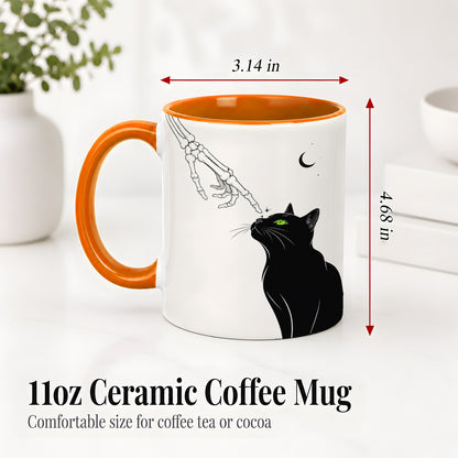 #pl[11oz|Orange] Black Cat Skeleton Accent Mug, Ceramic Mug with Crescent Moon Artwork