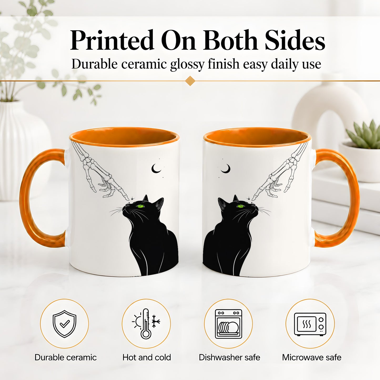 #pl[11oz|Orange] Black Cat Skeleton Accent Mug, Ceramic Mug with Crescent Moon Artwork