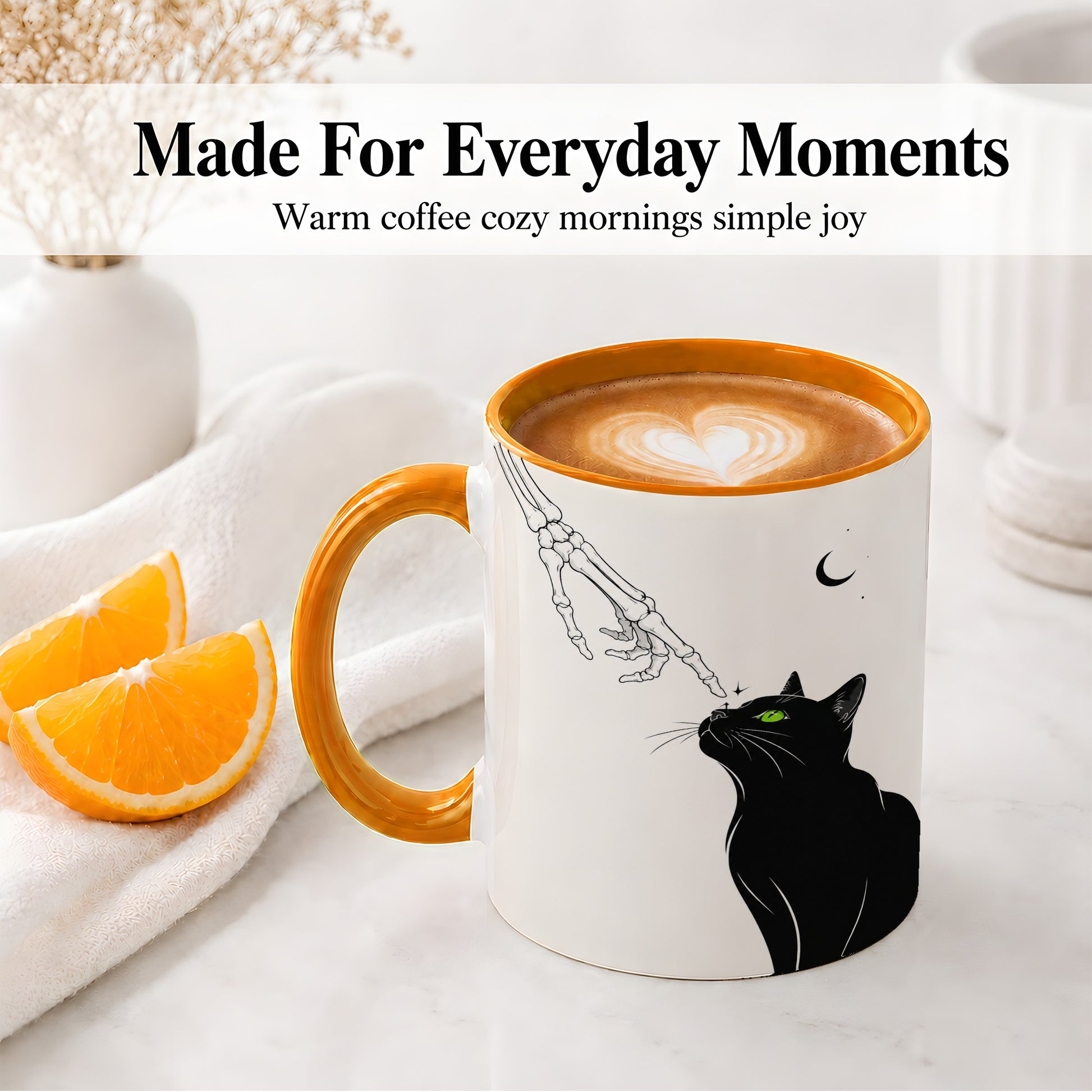 #pl[11oz|Orange] Black Cat Skeleton Accent Mug, Ceramic Mug with Crescent Moon Artwork