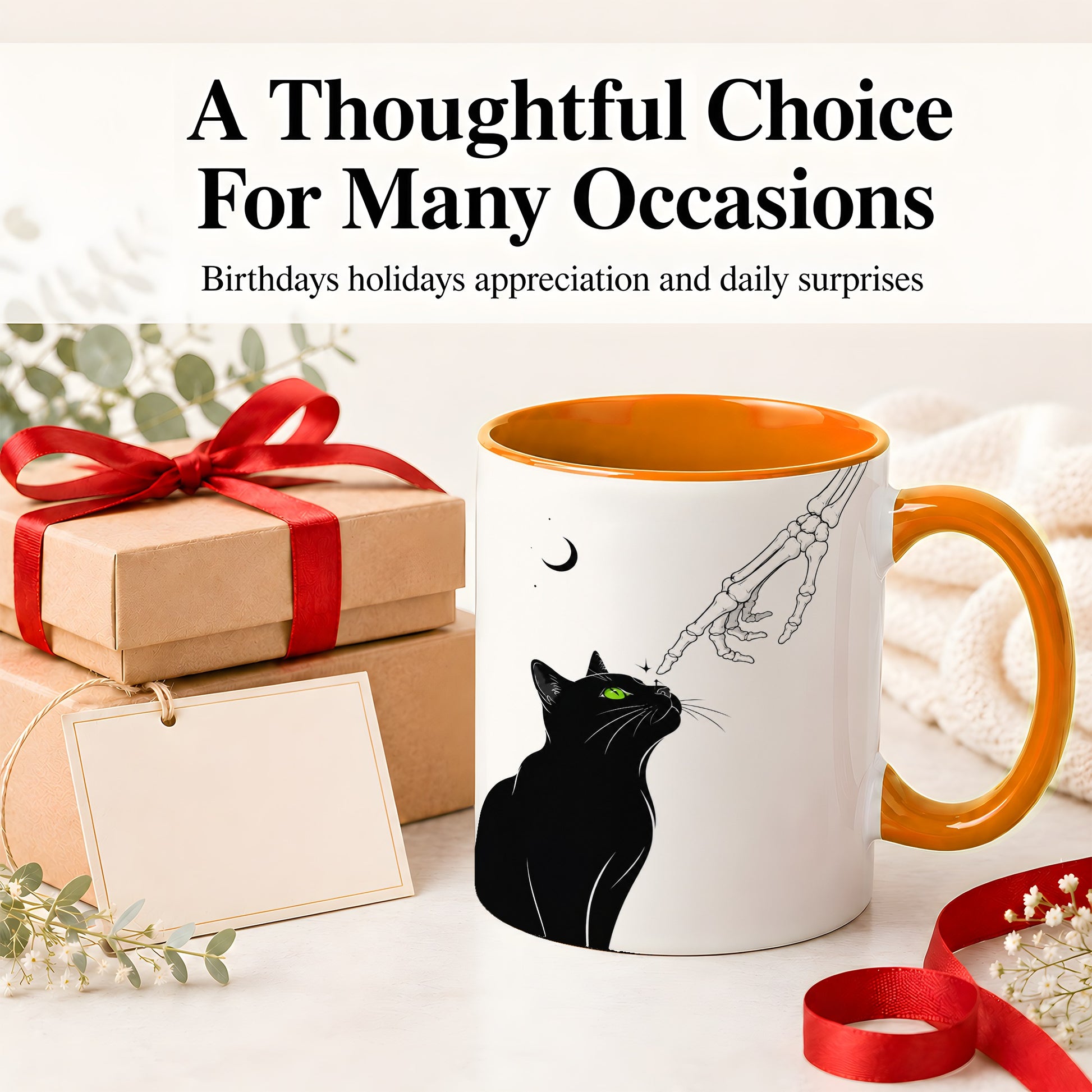 #pl[11oz|Orange] Black Cat Skeleton Accent Mug, Ceramic Mug with Crescent Moon Artwork