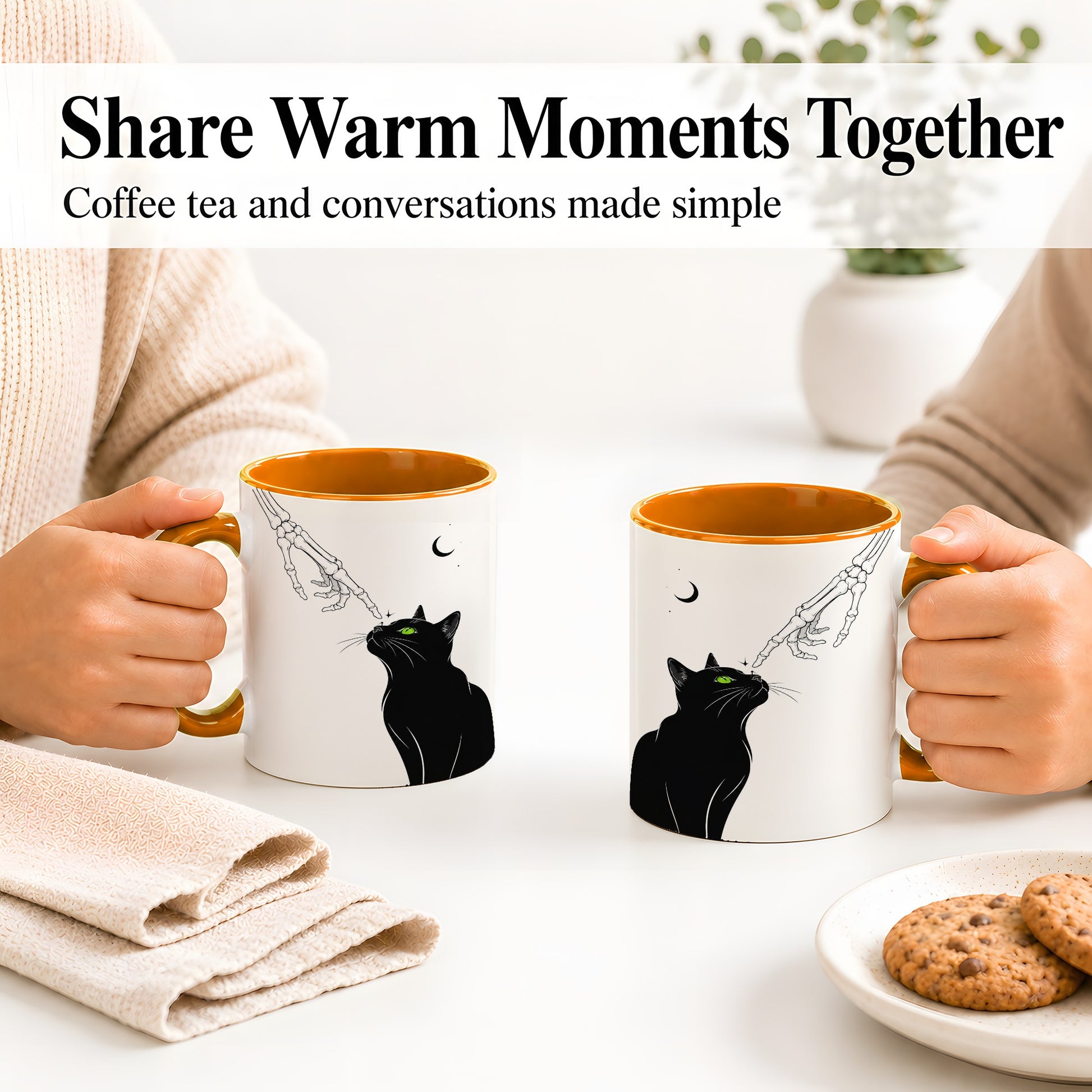 #pl[11oz|Orange] Black Cat Skeleton Accent Mug, Ceramic Mug with Crescent Moon Artwork
