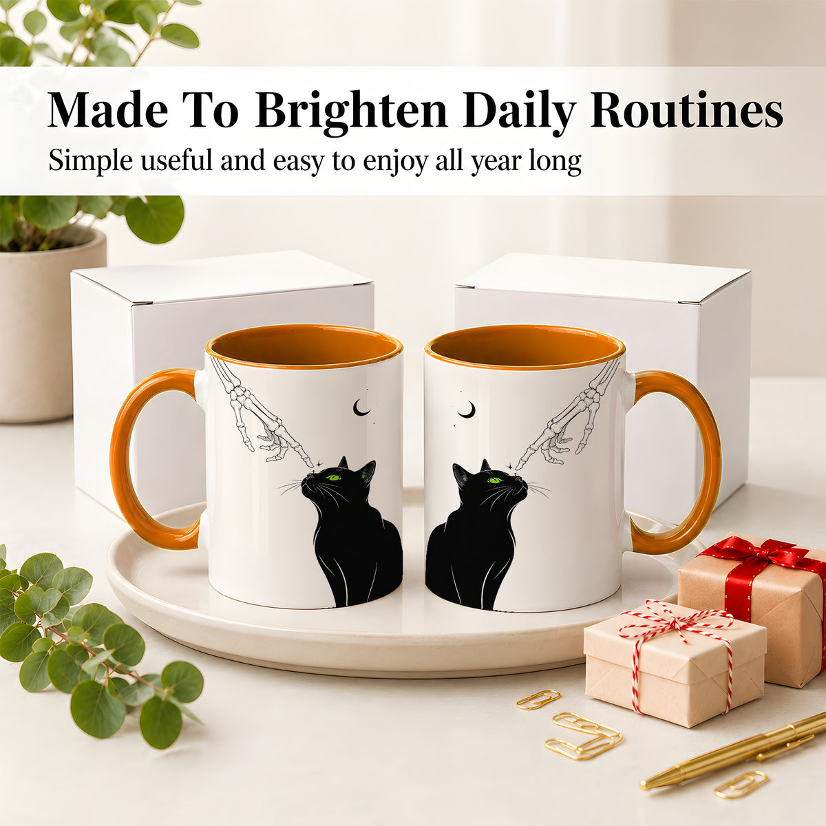 #pl[11oz|Orange] Black Cat Skeleton Accent Mug, Ceramic Mug with Crescent Moon Artwork