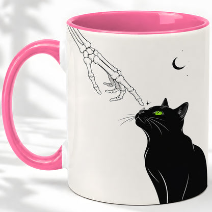 #pl[11oz|Pink] Black Cat Skeleton Accent Mug, Ceramic Mug with Crescent Moon Artwork