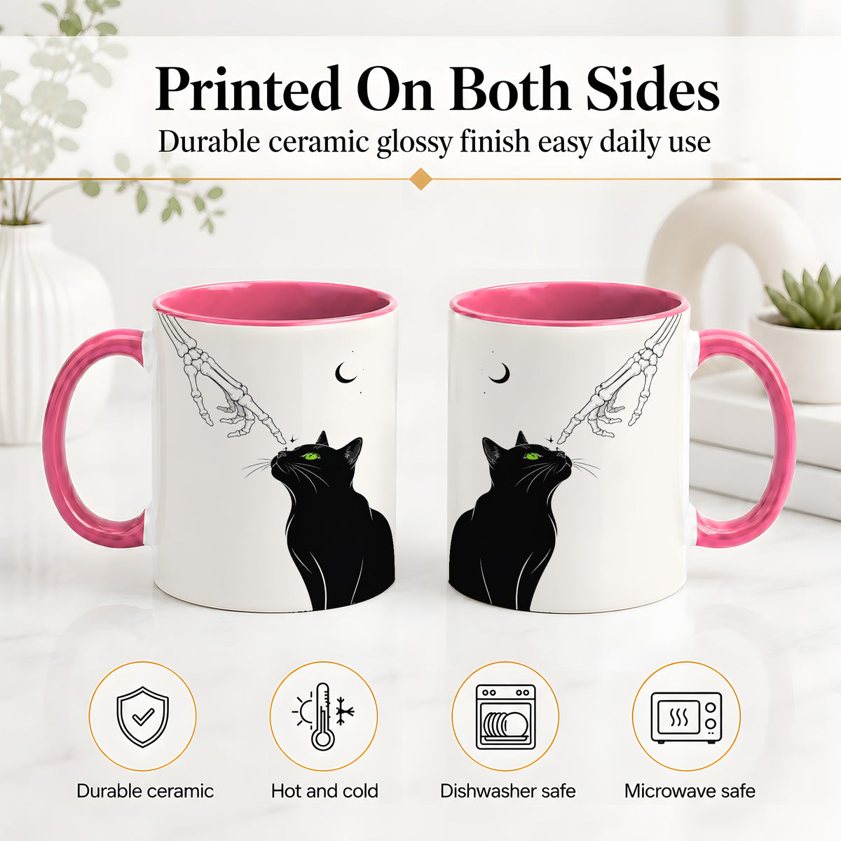 #pl[11oz|Pink] Black Cat Skeleton Accent Mug, Ceramic Mug with Crescent Moon Artwork