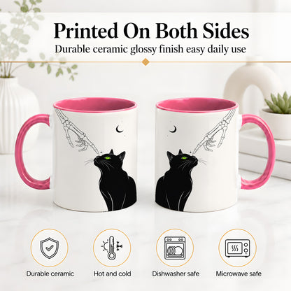 #pl[11oz|Pink] Black Cat Skeleton Accent Mug, Ceramic Mug with Crescent Moon Artwork