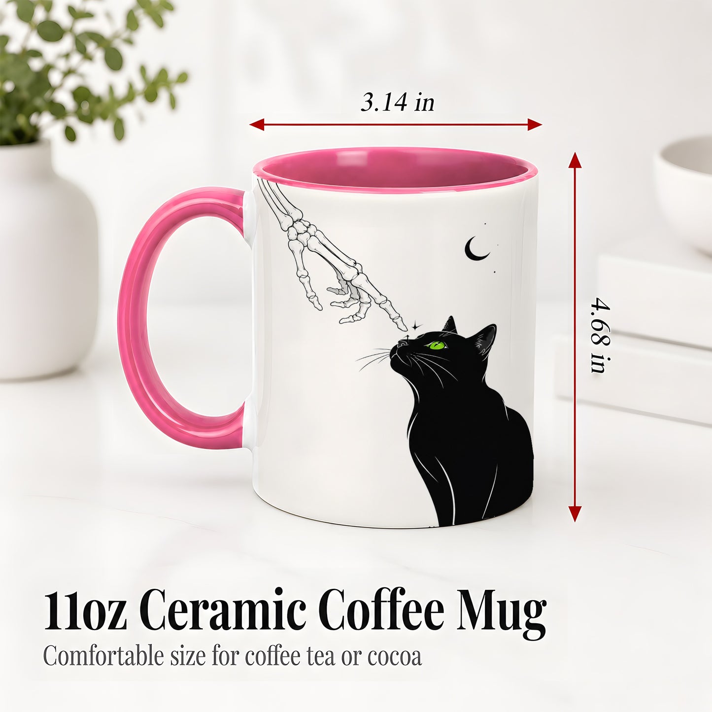 #pl[11oz|Pink] Black Cat Skeleton Accent Mug, Ceramic Mug with Crescent Moon Artwork