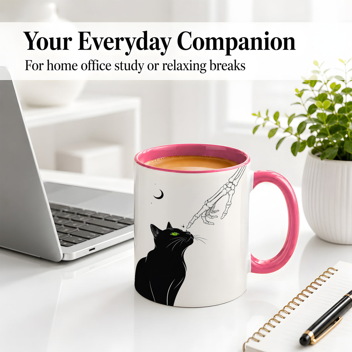 #pl[11oz|Pink] Black Cat Skeleton Accent Mug, Ceramic Mug with Crescent Moon Artwork
