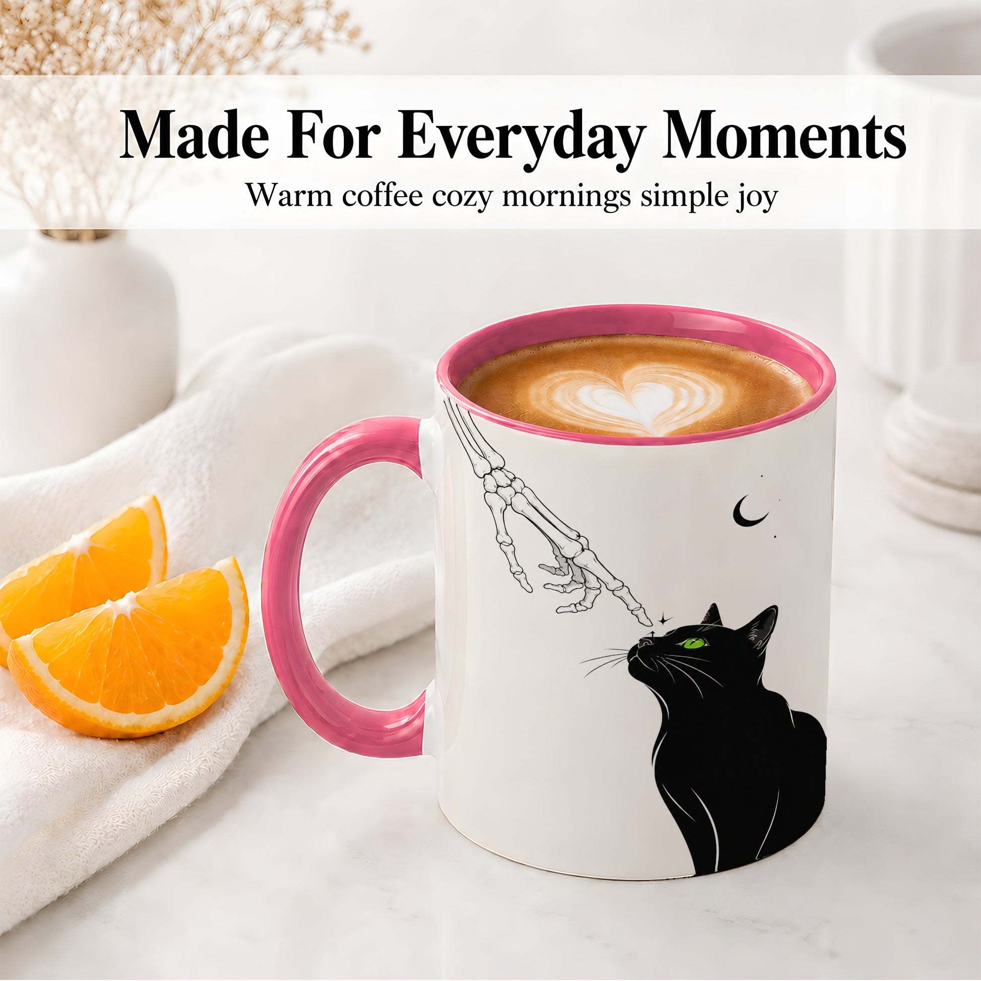 #pl[11oz|Pink] Black Cat Skeleton Accent Mug, Ceramic Mug with Crescent Moon Artwork