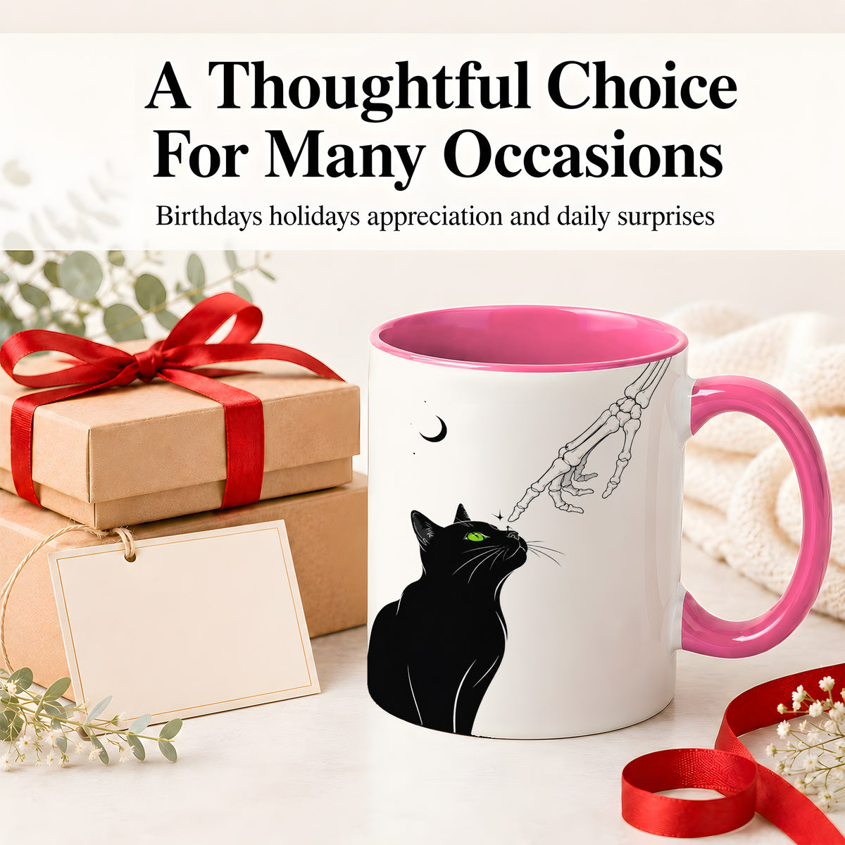 #pl[11oz|Pink] Black Cat Skeleton Accent Mug, Ceramic Mug with Crescent Moon Artwork