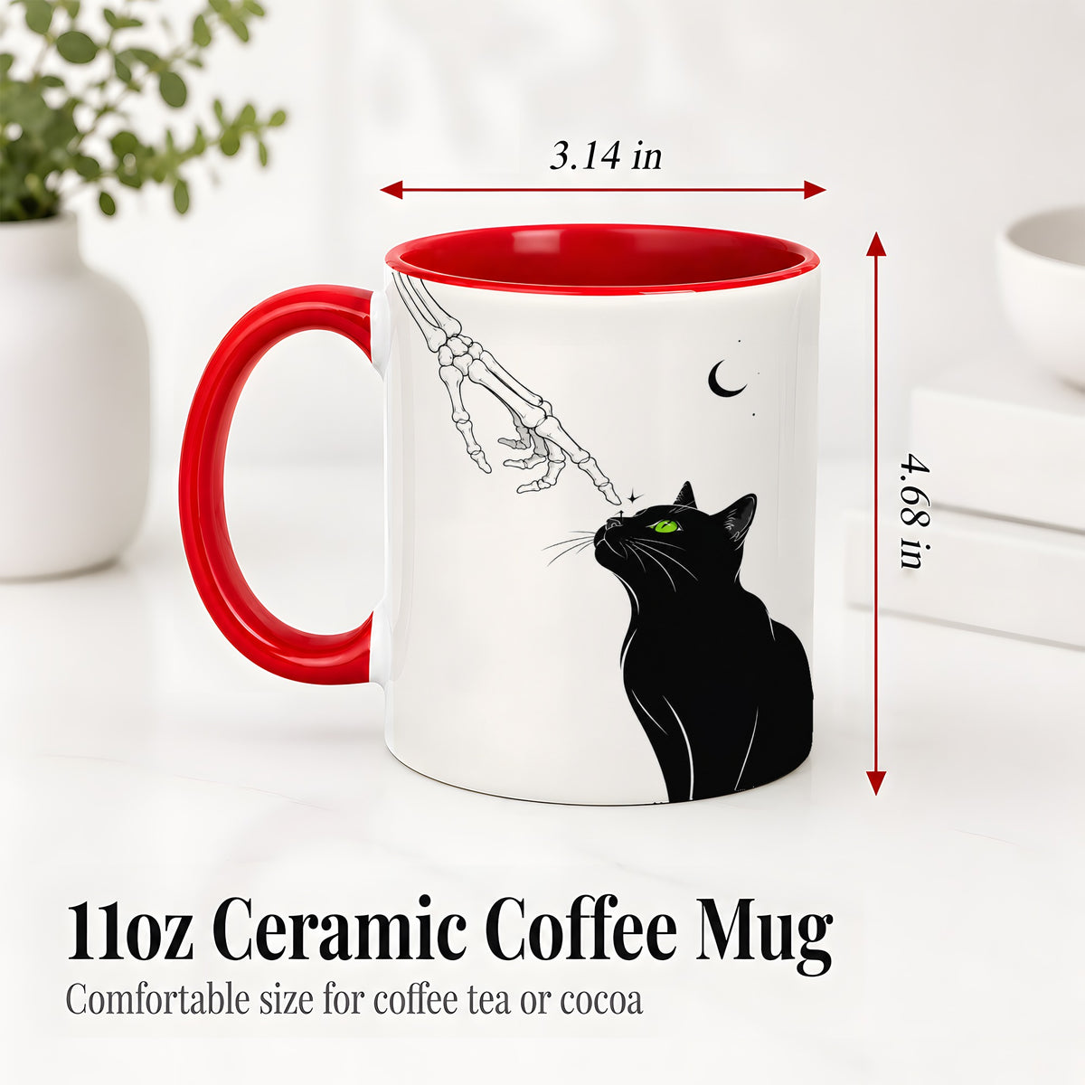 #pl[11oz|Red] Black Cat Skeleton Accent Mug, Ceramic Mug with Crescent Moon Artwork