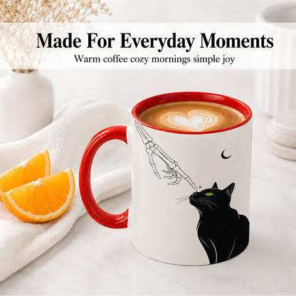 #pl[11oz|Red] Black Cat Skeleton Accent Mug, Ceramic Mug with Crescent Moon Artwork