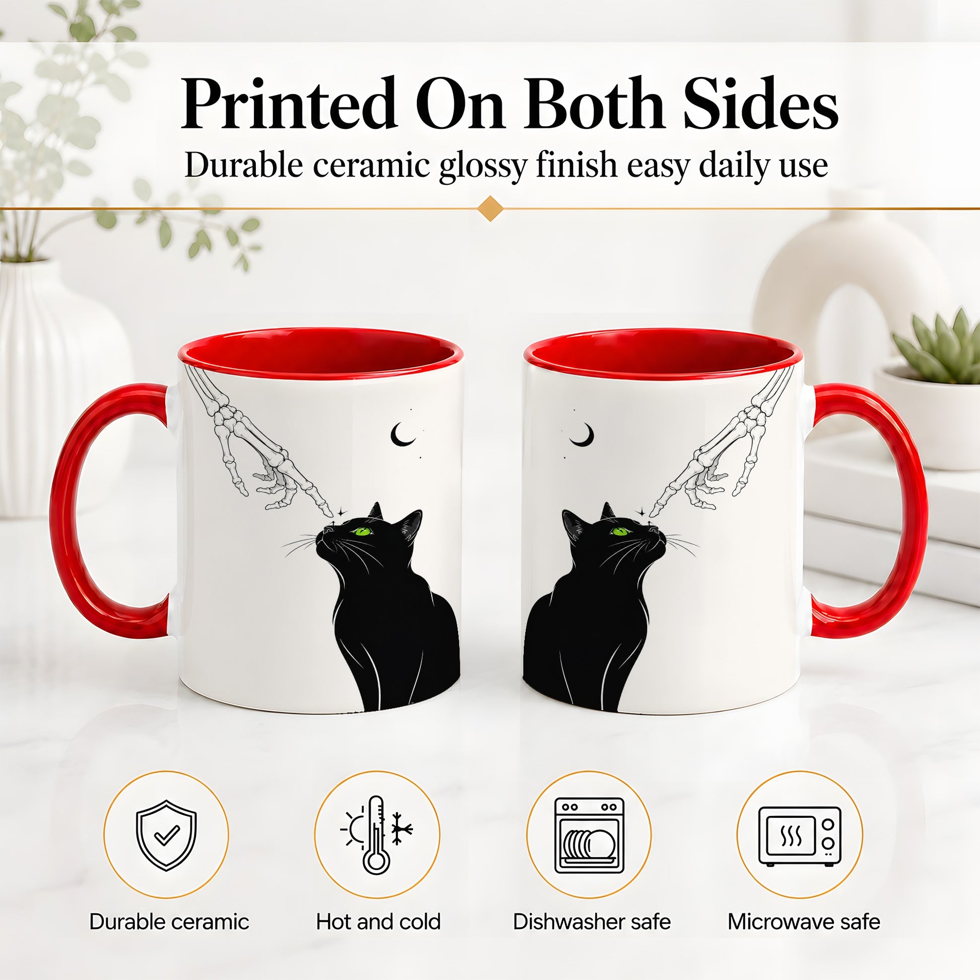 #pl[11oz|Red] Black Cat Skeleton Accent Mug, Ceramic Mug with Crescent Moon Artwork
