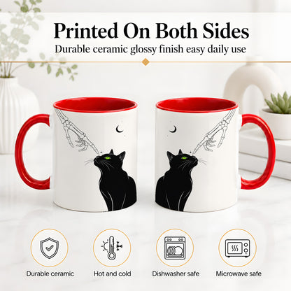 #pl[11oz|Red] Black Cat Skeleton Accent Mug, Ceramic Mug with Crescent Moon Artwork