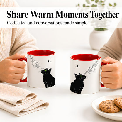 #pl[11oz|Red] Black Cat Skeleton Accent Mug, Ceramic Mug with Crescent Moon Artwork