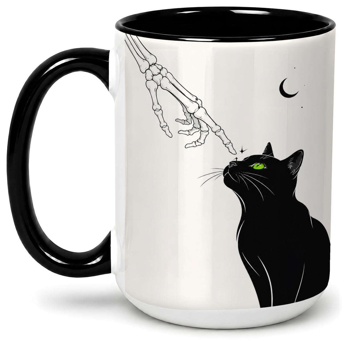 #pl[15oz|Black] Black Cat Skeleton Accent Mug, Ceramic Mug with Crescent Moon Artwork
