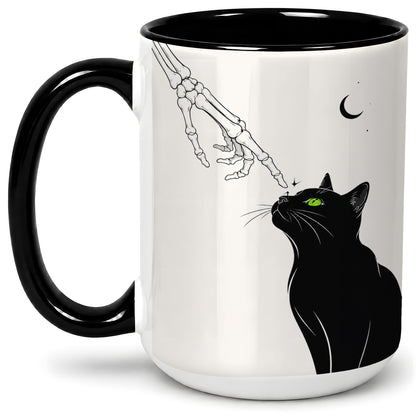 #pl[15oz|Black] Black Cat Skeleton Accent Mug, Ceramic Mug with Crescent Moon Artwork