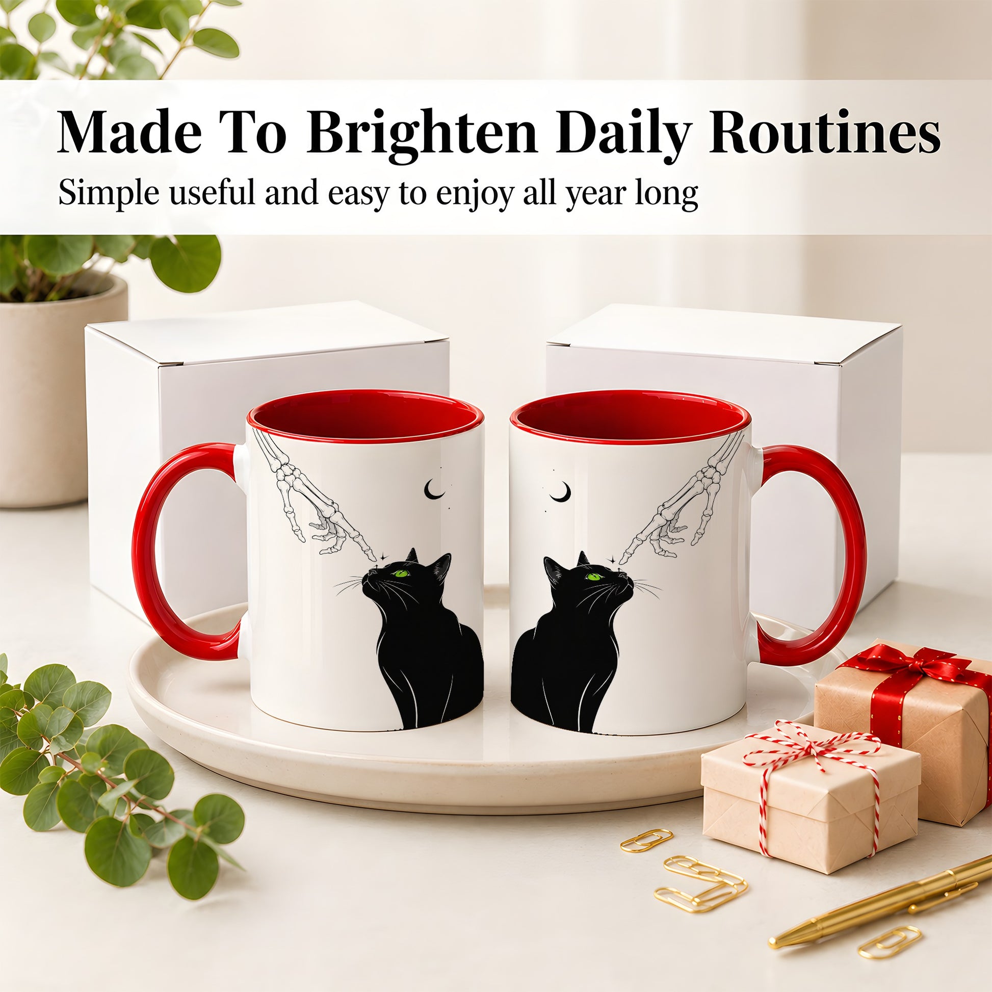 #pl[11oz|Red] Black Cat Skeleton Accent Mug, Ceramic Mug with Crescent Moon Artwork