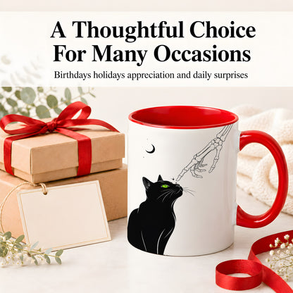 #pl[11oz|Red] Black Cat Skeleton Accent Mug, Ceramic Mug with Crescent Moon Artwork